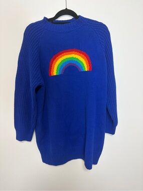 Lazy Oaf Royal Blue Rainbow chunky, textured knit,  Kawaii Crewneck Sweater.